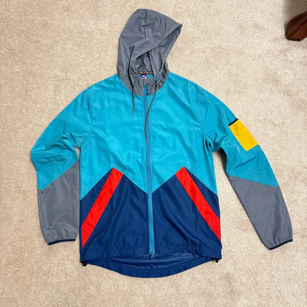Without Walls Teal, Navy & Gray Colorblock Windbreaker with Red & Yellow Accents